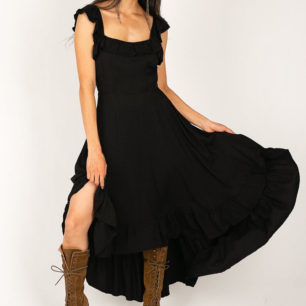 Joyfolie Black High-Low Ruffle Midi Dress